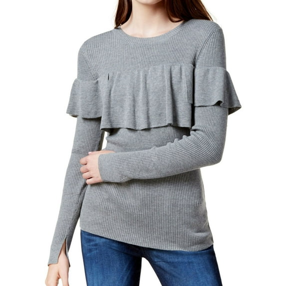 Kensie Womens Flounce Knit Sweater, Grey, Medium