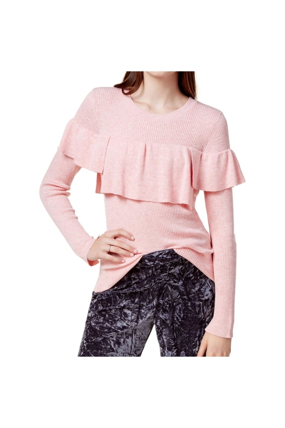 Womens Flounce Knit Sweater, Pink, Small