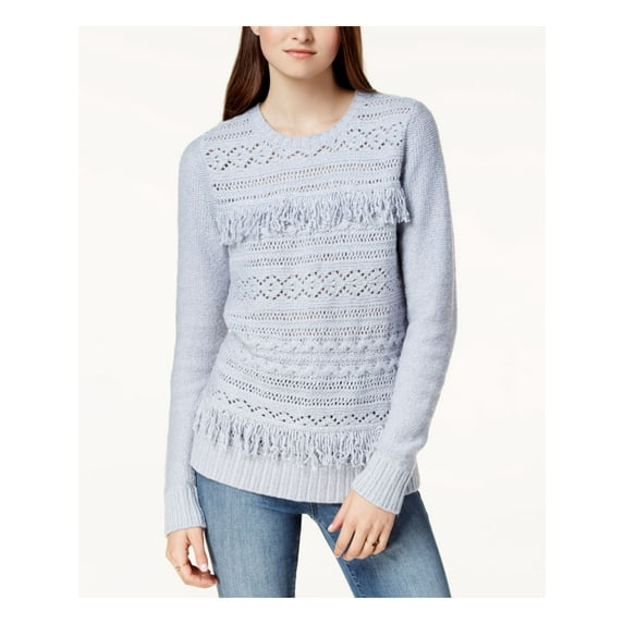 Kensie Womens Fringe Trim Knit Sweater, Blue, X-Small