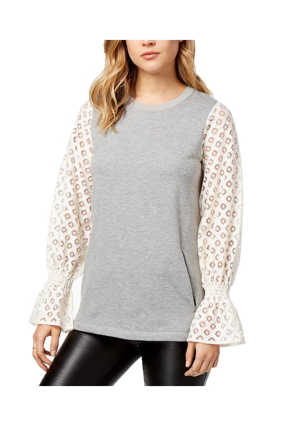 Womens Lace-Contrast Fleece Sweater (Heather Grey, X-Large)