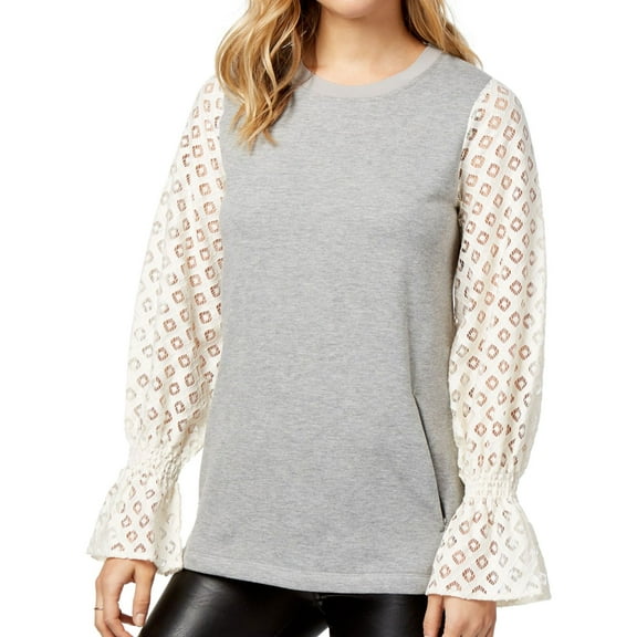 Kensie Womens Lace-Contrast Pullover Sweater, Grey, Large