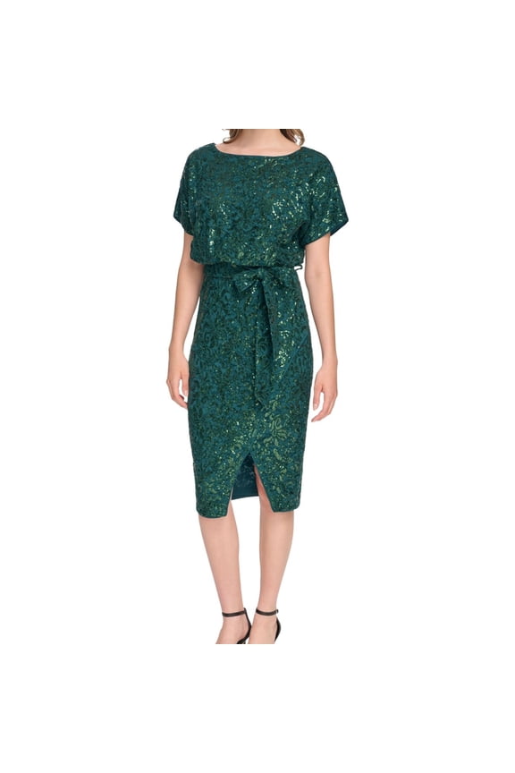 Womens Sequined Blouson Dress, Green, 2