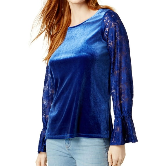 Kensie Womens Lace Sleeve Knit Blouse, Blue, X-Large