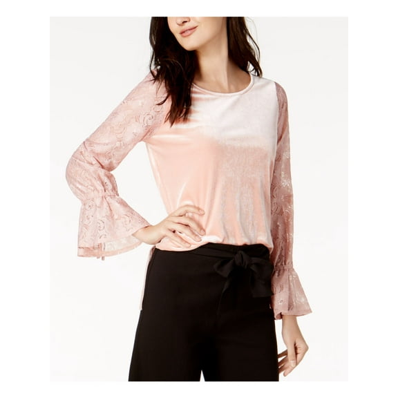 Kensie Womens Lace Sleeve Knit Blouse, Pink, Small