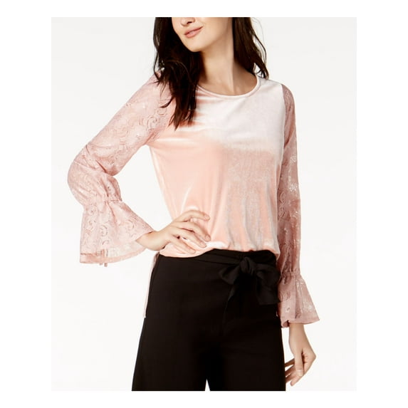 Kensie Womens Lace Sleeve Knit Blouse, Pink, Small