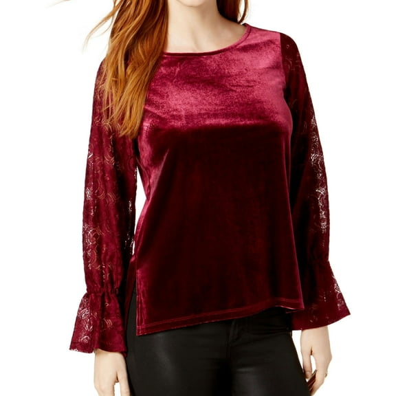 Kensie Womens Lace Sleeve Knit Blouse, Red, Small