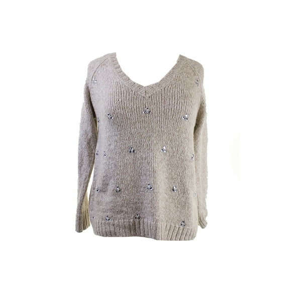 Kensie Womens Oatmeal Long-Sleeve V-Neck Embellished Sweater S