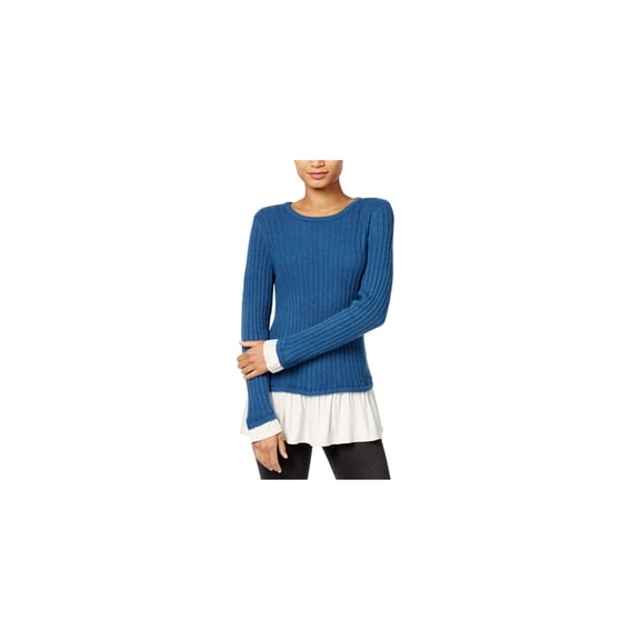 Kensie Womens Ruffled Contrast Pullover Sweater, Blue, X-Small