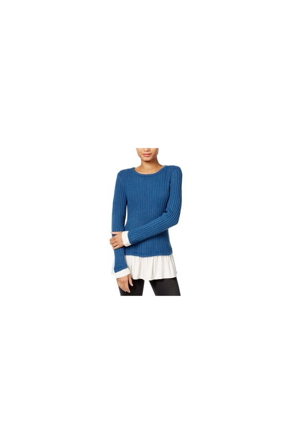 Womens Ruffled Contrast Pullover Sweater, Blue, X-Small
