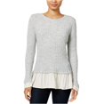 thumbnail image 1 of Kensie Womens Ruffled Contrast Pullover Sweater, Grey, Medium, 1 of 2