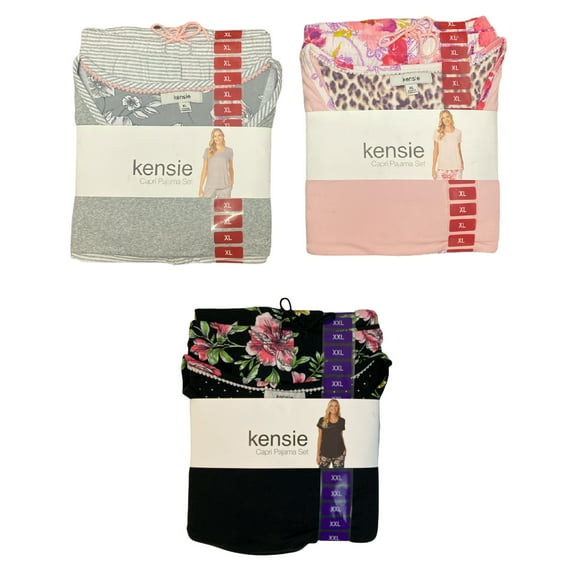 Kensie Womens Short Sleeve Capri Pajama Set with Elastic Drawstring Waist (Pink Multi, XL)