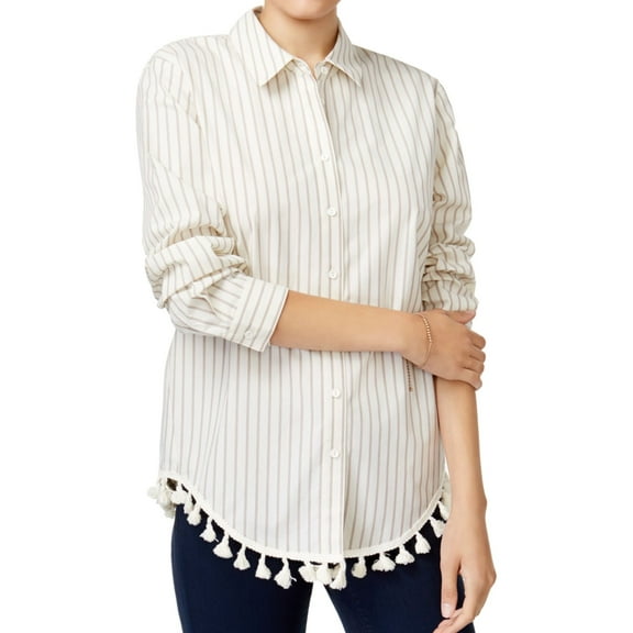 Kensie Womens Tassel Button Up Shirt, Off-White, X-Small