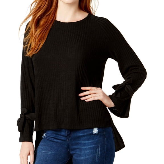 Kensie Womens Tie Sleeve Knit Blouse, Black, Large