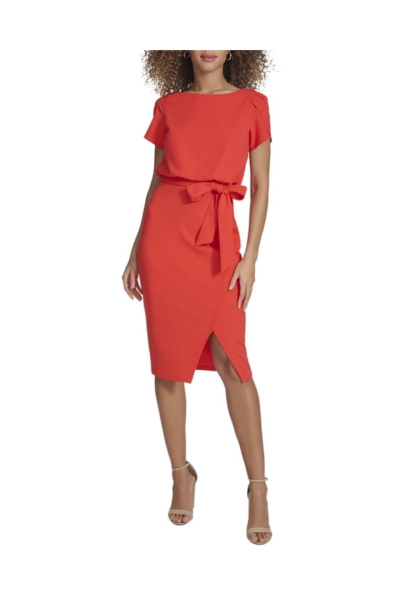 womens Crepe Scuba Midi Dress, 2, Orange