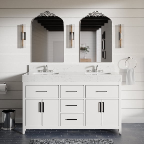 Kensington 60" Double Bathroom Vanity with White Cabinet and Engineered Marble Countertop