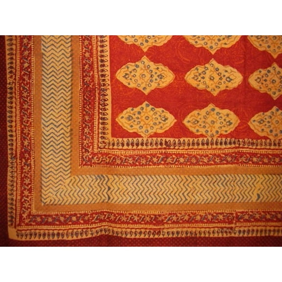 Kensington Block Print Square Cotton tablecloth 60" x 60" Red Orange