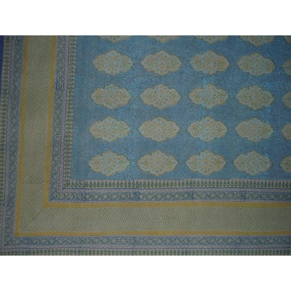 Kensington Block Print Tapestry Cotton Bedspread 108" x 108" Queen-King Blue