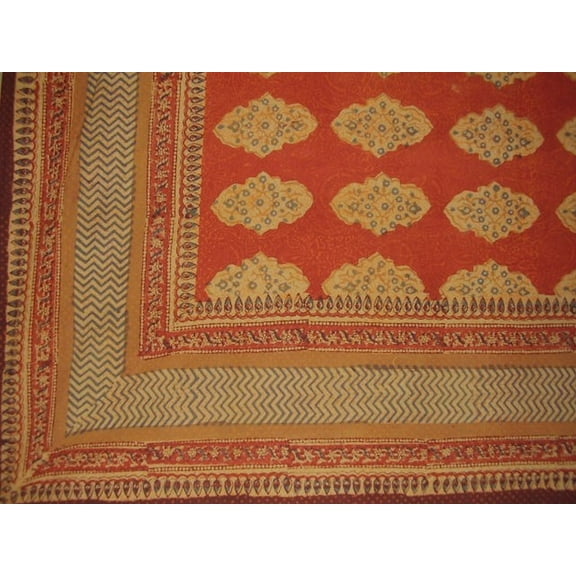 Kensington Block Print Tapestry Cotton Bedspread 108" x 108" Queen-King Red Orange