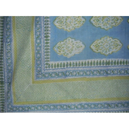Kensington Block Print Tapestry Cotton Bedspread 108" x 88" Full-Queen Blue