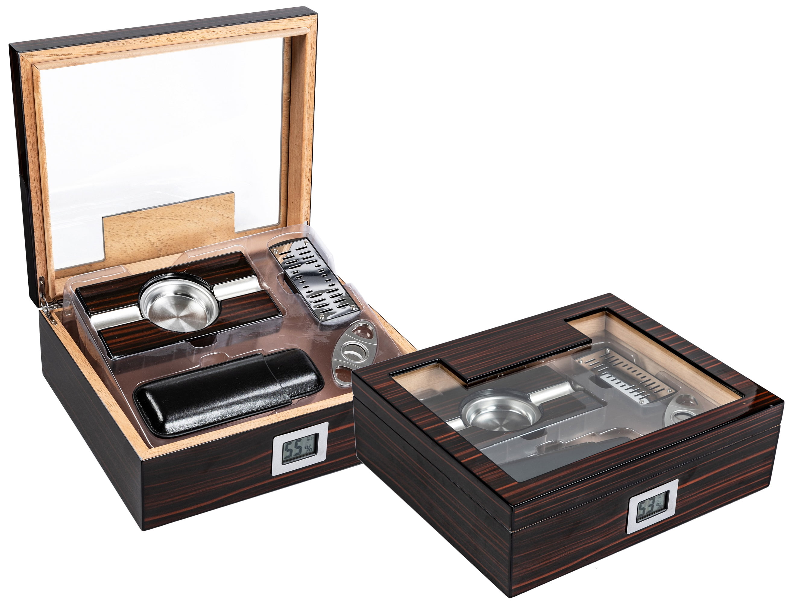 Kensington Cigar Humidor Gift Set w/ External Digital Hygrometer - Cherry Ebony Lacquer Finish - Capacity: 75