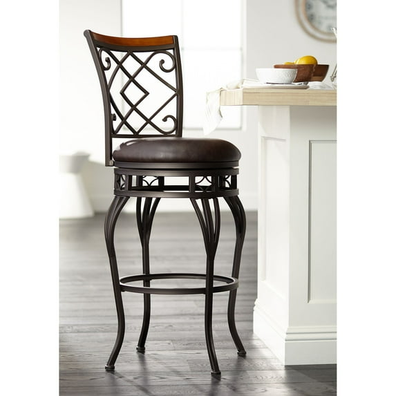 Kensington Hill Hartley Bronze Swivel Bar Stool Brown 30" High Traditional Faux Leather Cushion with Backrest Footrest for Kitchen Counter Height Home