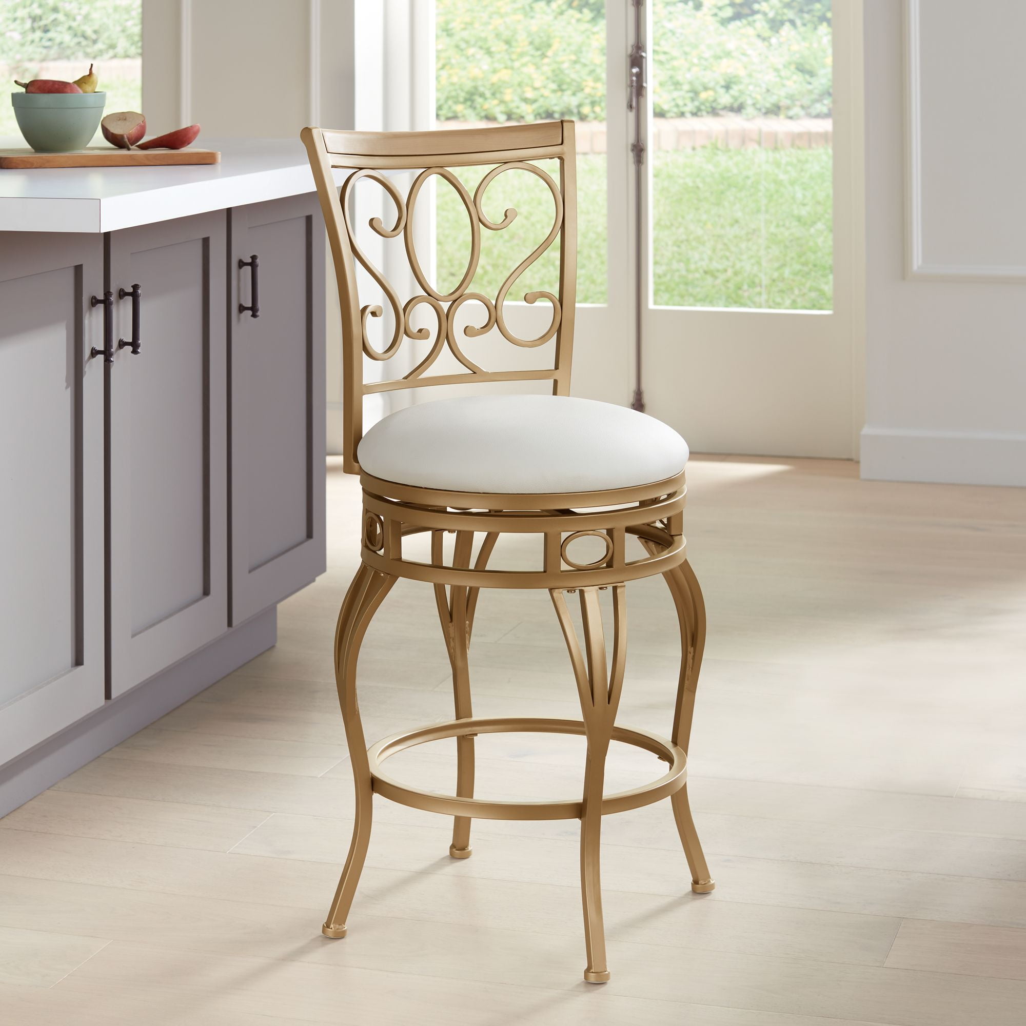 Trevi Gold Metal Swivel Counter Stool with White Faux Leather Seat