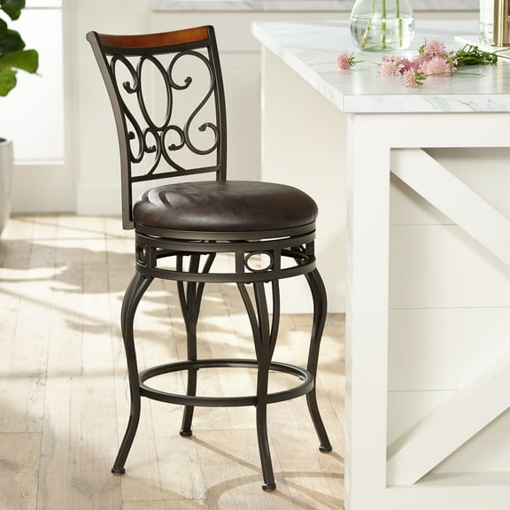 Kensington Hill Trevi Bronze Swivel Bar Stool Brown 26 1/2" High Traditional Faux Leather Cushion with Backrest Footrest for Kitchen Counter Height