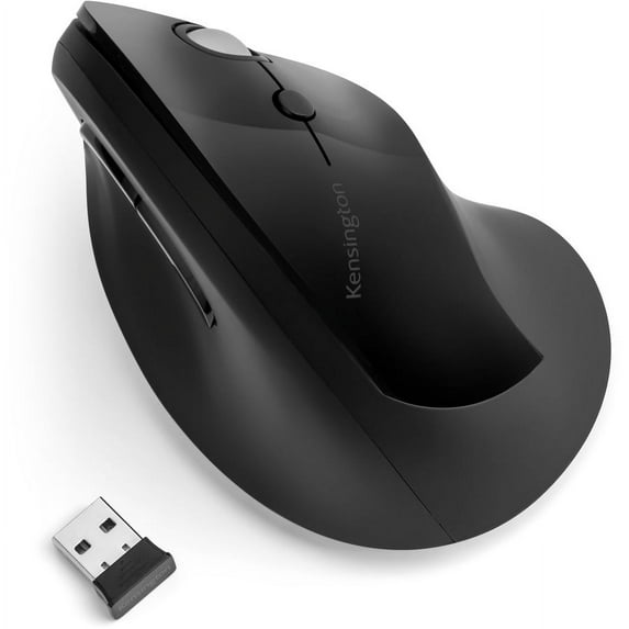 Kensington Pro Fit Ergo Vertical Wireless Mouse - Wireless - Radio Frequency - Black - 1 Pack - USB - 1600 dpi - Scroll Wheel - 6 Button(s) | Bundle of 5 Each