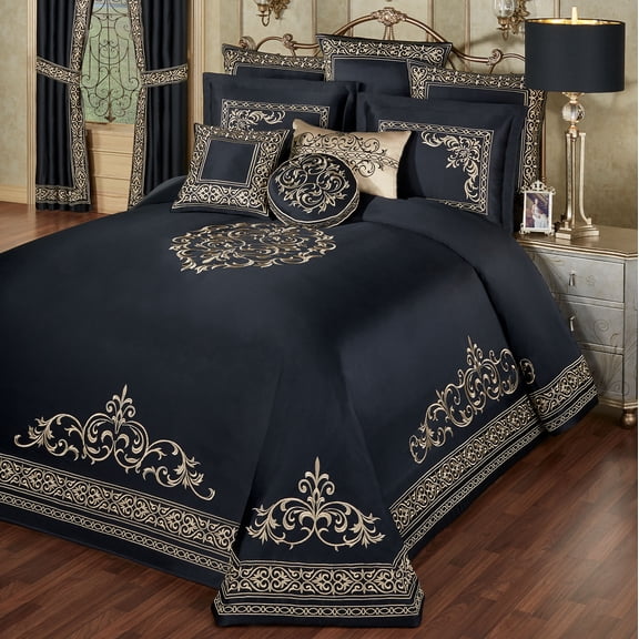 Kensington Royal Style Bedding, Gold-Embroidered Black Sateen, 3-pc Queen Bedspread Set