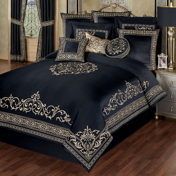 Kensington Royal Style Bedding, Gold-Embroidered Black Sateen, 4-pc King Comforter Set