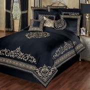 Kensington Royal Style Bedding, Gold-Embroidered Black Sateen, 4-pc Queen Comforter Set