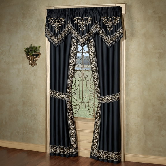 Kensington Royal Style Window Set, Gold-Embroidered Black, 3 Ascot Valances & 96L Curtains