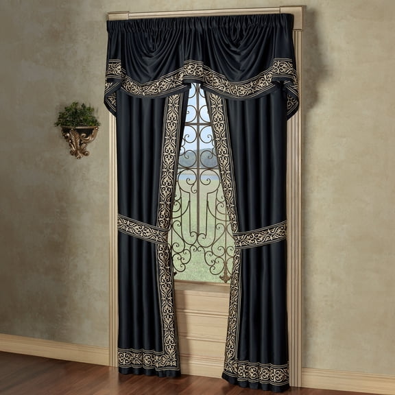 Kensington Royal Style Window Set, Gold-Embroidered Black, Empire Valance & 96L Curtains