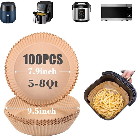 Kensizer 100Pcs Air Fryer Disposable Round Paper Liners Large for 5 to 8 Qt Basket, 7.9 inch Parchment Paper Liner, Air Fryer Paper Pads Oil Resistant, Baking Paper