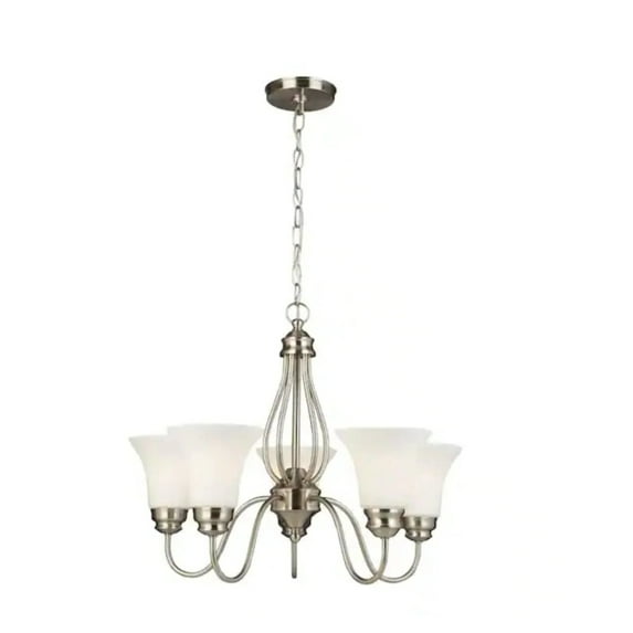 Kensley Park 5-Light Classic Traditional Brushed Nickel Hanging Candlestick Chandelier with Frosted White Shade