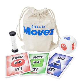 Kenson Kids Grab N Go Movez Active Family Game for Kids Ages 3+, Award-Winning Charades, Scavenger Hunt & Movement Game with 48 Cards, Jumbo Foam Die & Timer, Made in USA