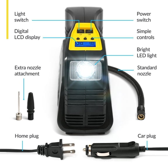 Kensun AC/DC Digital Tire Inflator for Car (12V) and Home (110V)