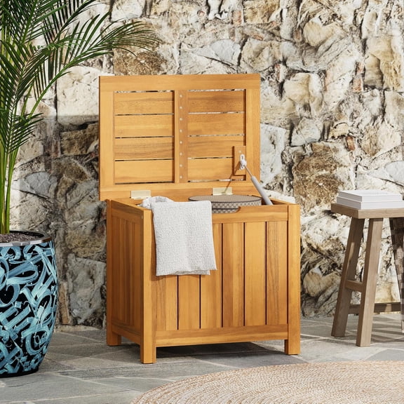 Kensy Acacia Wood Outdoor Storage Box, 30 Gallons Wooden Patio Deck Box, Garden Backyard Tool Storage, Outdoor Storage Container for Patio Furniture Cushion, Teak Finish