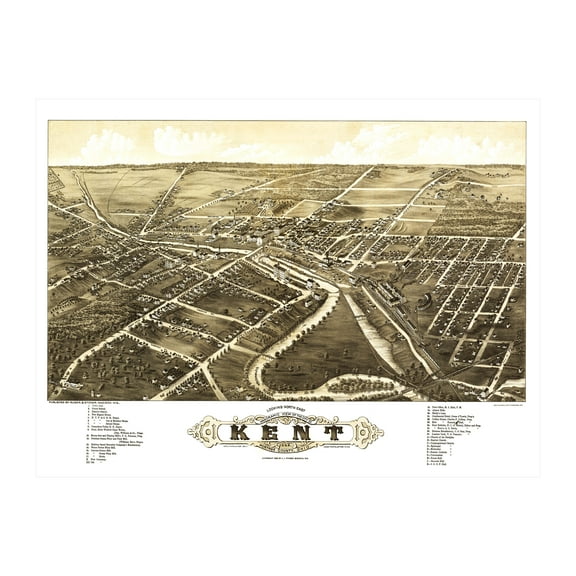Kent Art, 1882 Vintage Map of Kent Ohio, OH History Wall Decor Gift, Old Kent Map - 24" x 18" Unframed Print