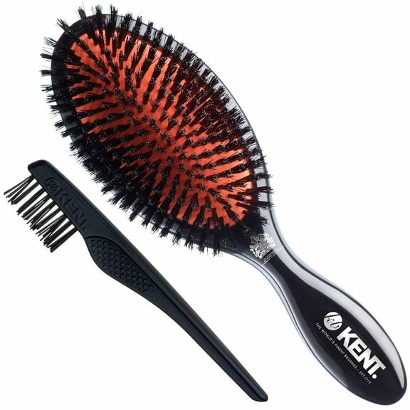 Kent CSF Classic Shine Large Oval Cushion Straightening Brush and Hair Detangler - Natural Black Boar Bristle Hair Brush - Shine Hair Brush and Scalp Scrubber for Short or Shoulder-Length Thick Hair