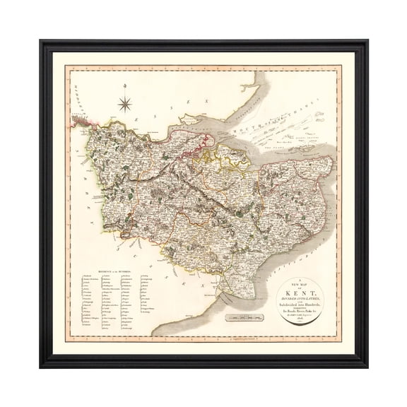Kent County England England Art, 1806 Vintage Map of Kent County England England History Wall Decor Gift, Old Kent County England Map - 24" x 24" Black Framed Print