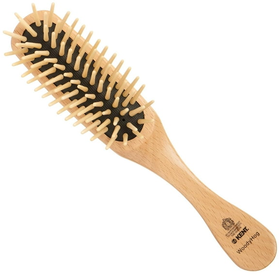 Kent KB Woodyhog Travel Size Detangling Brush Beech-wood Travel Brush, Firm Rounded Wooden Bristles, Natural Cushion Detangler Wooden Hair Brush for Women Men and Kids Everyday Care, Made in England