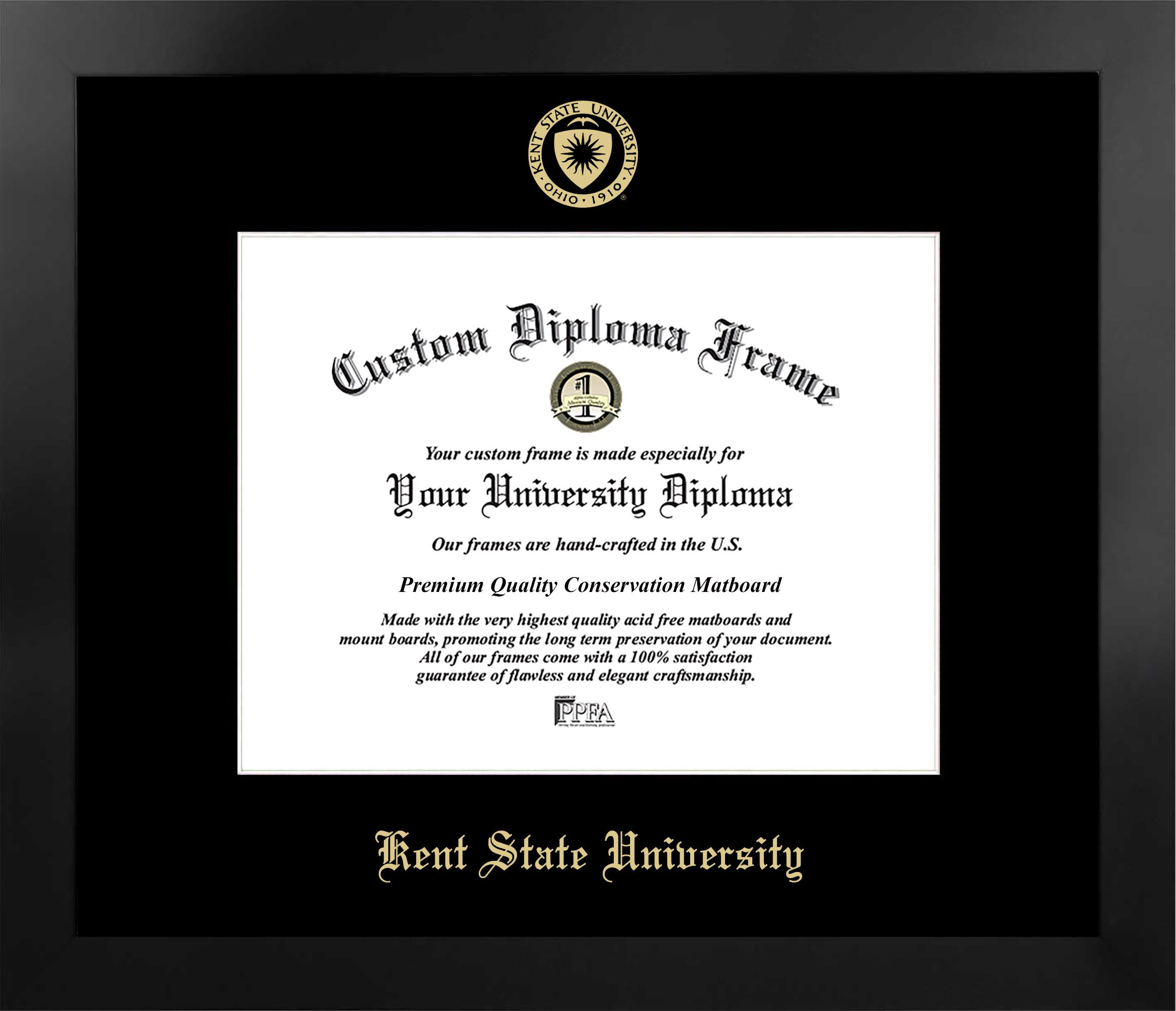 Kent State University 11w x 8.5h Manhattan Black Single Mat Gold Embossed Diploma Frame with Bonus Campus Images Lithograph (value savings at $59)