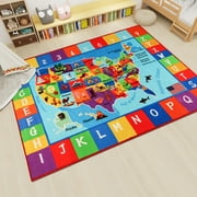 Kentaly USA Map ABC Kid Rug 3.3'�5.3' Educational Baby Playmat for Playroom Primary School Nylon Surface Non-Slip Latex Backing Preschool Rugs for Classroom Learning Area