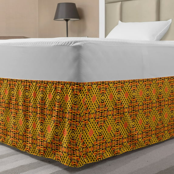 Kente Pattern Bed Skirt, Diagonal Pattern in Warm Colors and Small Triangles, Elastic Bedskirt Dust Ruffle Wrap Around for Bedding Decor, 4 Sizes, Earth Yellow Vermilion, by Ambesonne