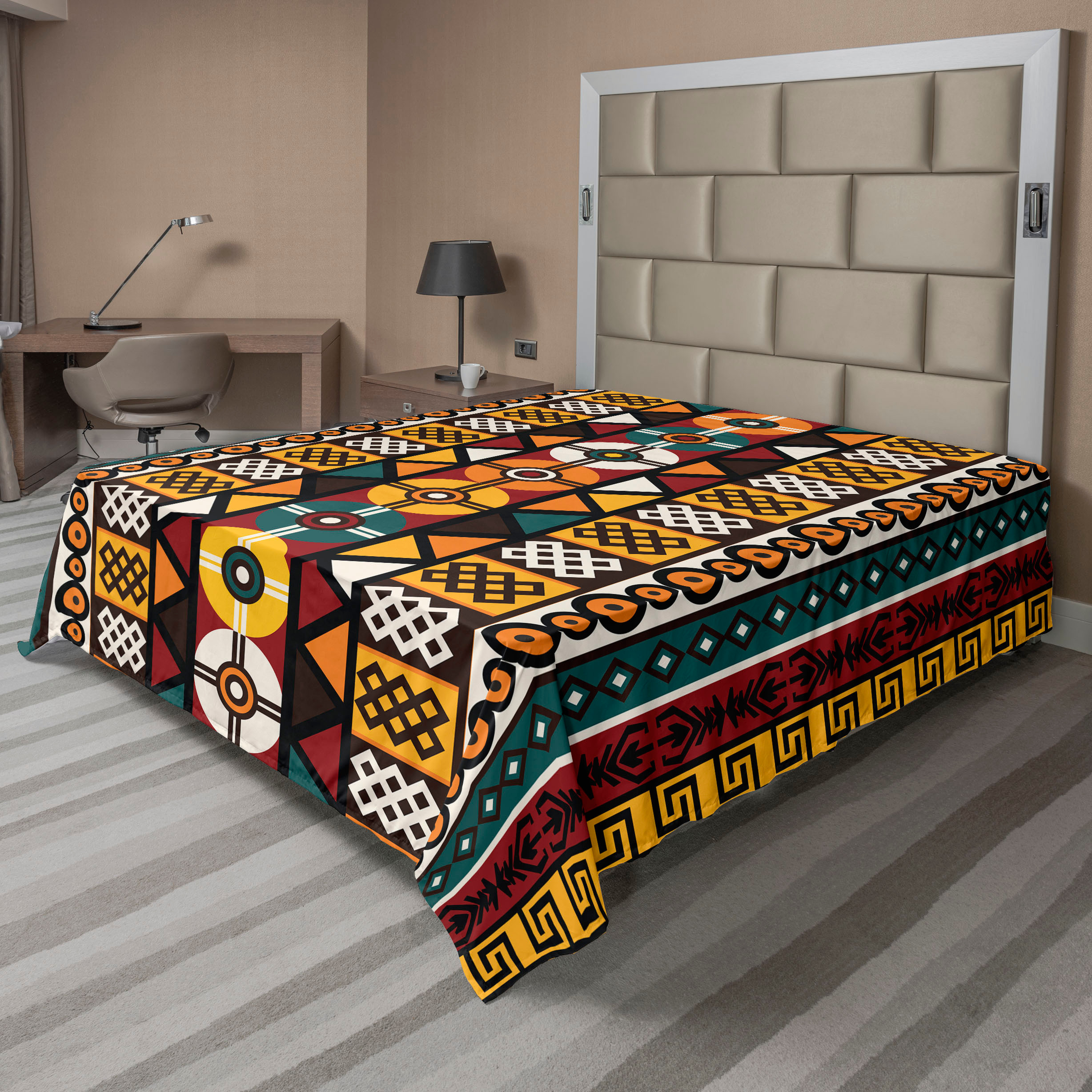 Kente Pattern Flat Sheet, Vertical Borders Inspired by Timeless Cultures Geometrical Design