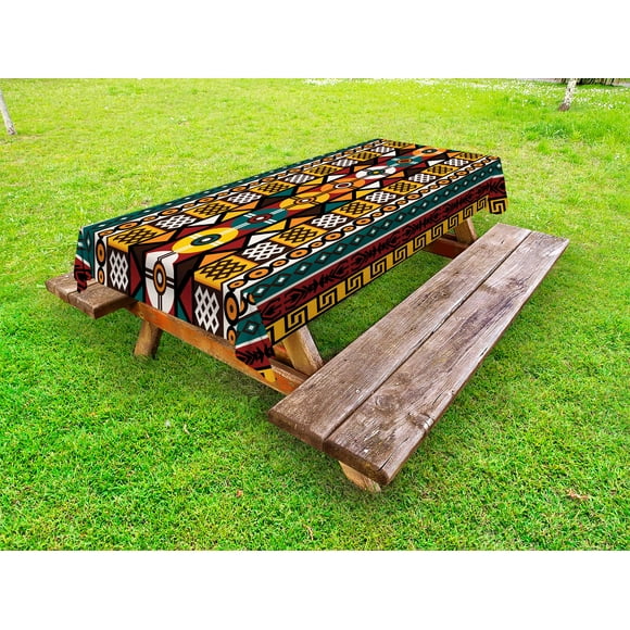 Kente Pattern Outdoor Tablecloth, Vertical Borders Inspired by Primitive African Cultures Geometrical Design, Decorative Washable Fabric Picnic Table Cloth, 58 X 84 Inches,Multicolor, by Ambesonne
