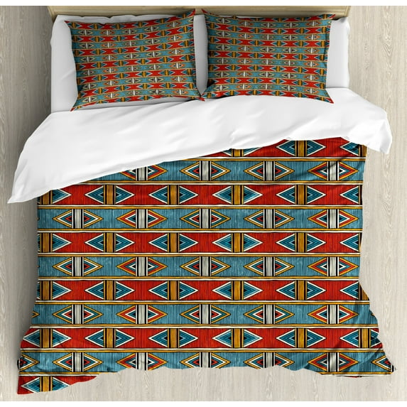 Kente Pattern Queen Size Duvet Cover Set, Tribal Traditional Triangles and Stripes Indigenous Native Cultural Heritage, Decorative 3 Piece Bedding Set with 2 Pillow Shams, Multicolor, by Ambesonne