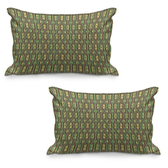 Kente Pattern Quilted Pillowcover Set of 2, Retro Revival Diamond Line Pattern with Vertical Stripes, Standard Queen Size Pillow Cover for Bedroom, 30" x 20", Sea Green Mustard, by Ambesonne