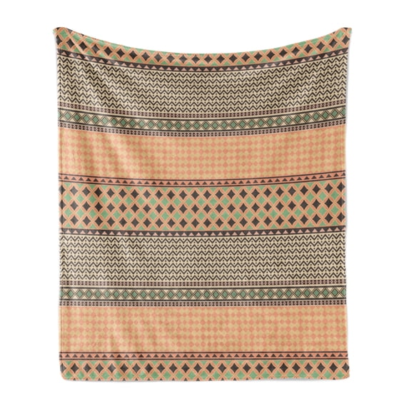 Kente Pattern Soft Flannel Fleece Blanket, Stripes Zig Zag Dots Design with Geometric Borders Native Traditional Design, Cozy Plush for Indoor and Outdoor Use, 70" x 90", Multicolor, by Ambesonne